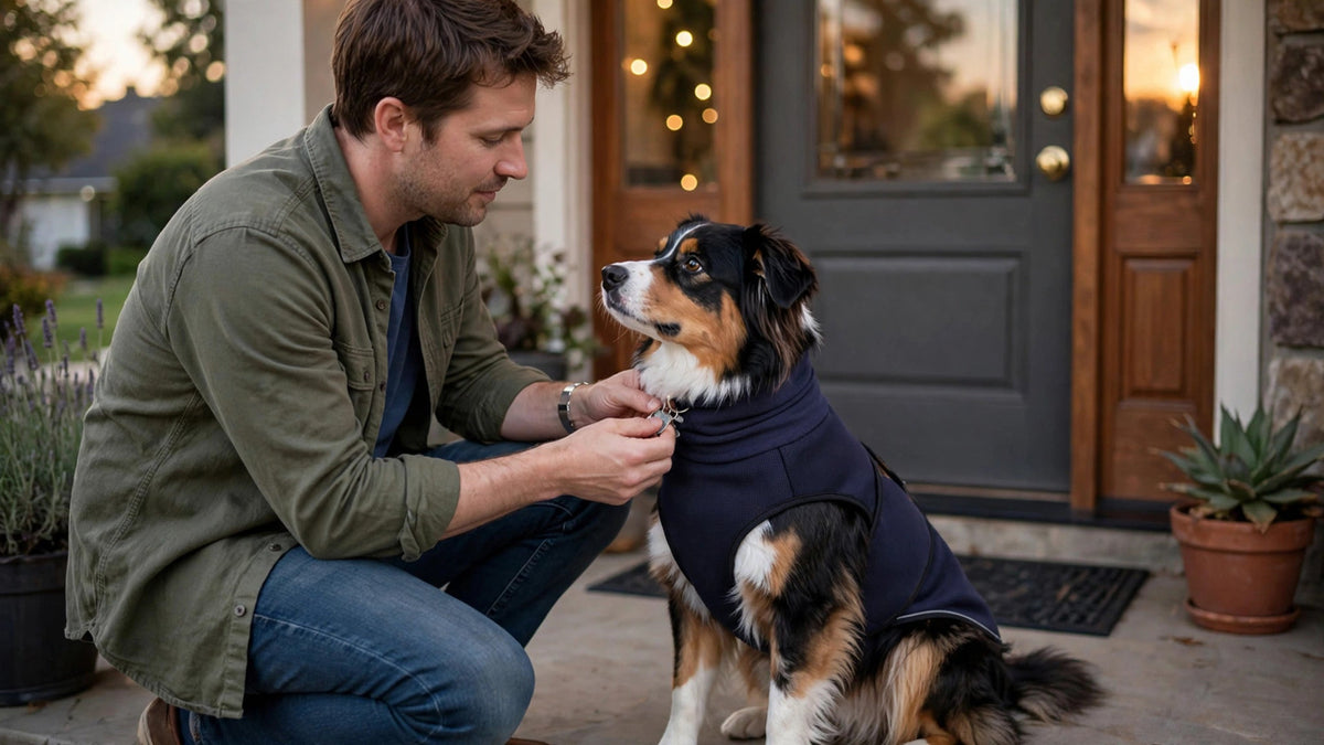 Owner checking a dog's collar and ID tags — recovery steps if your dog ran away during fireworks