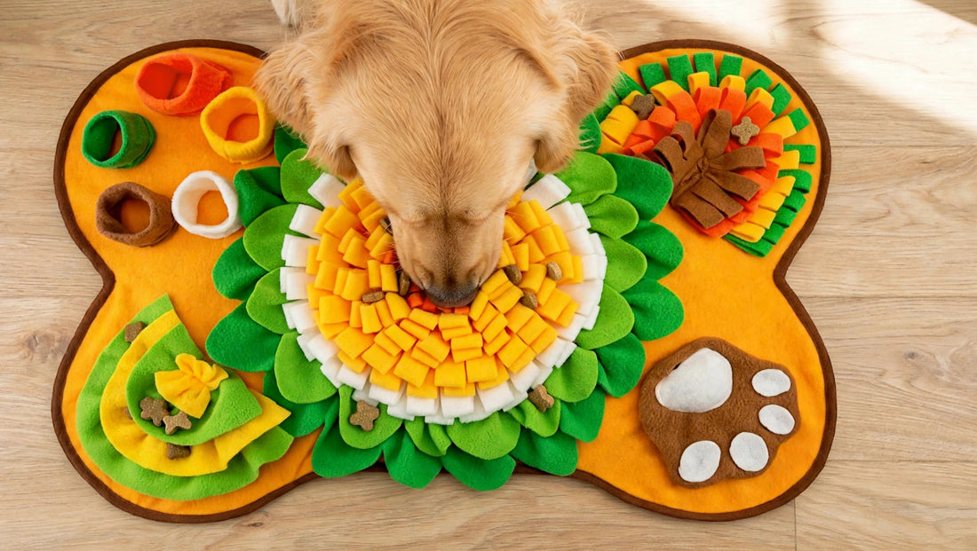 Dog nose-working in a bone-shaped sunflower snuffle mat
