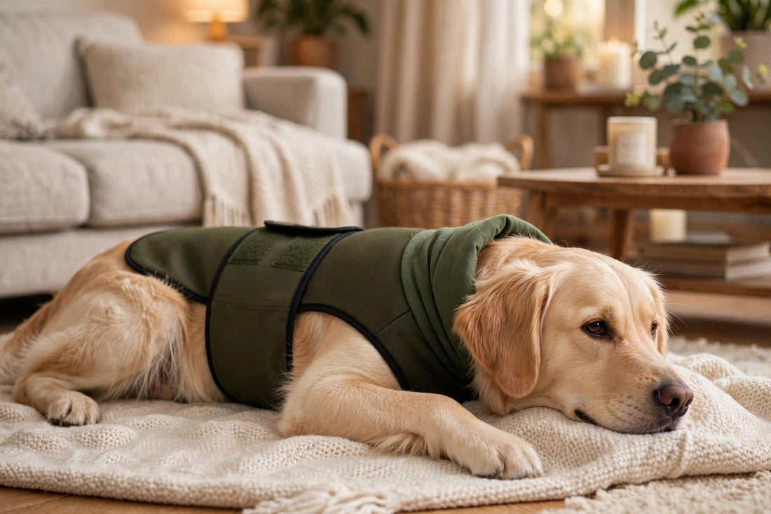 Calm dog wearing a HeroCalm calming vest in Army Green — what to do when your dog tries to take the vest off