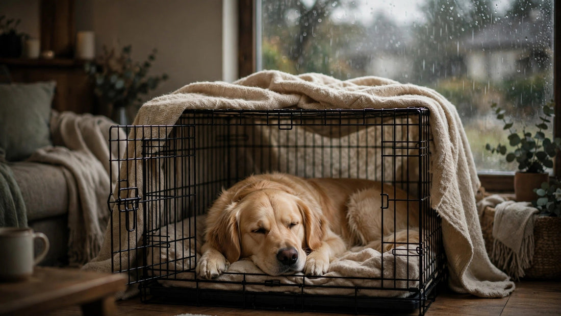 Dog resting calmly in an open crate with a blanket during a thunderstorm