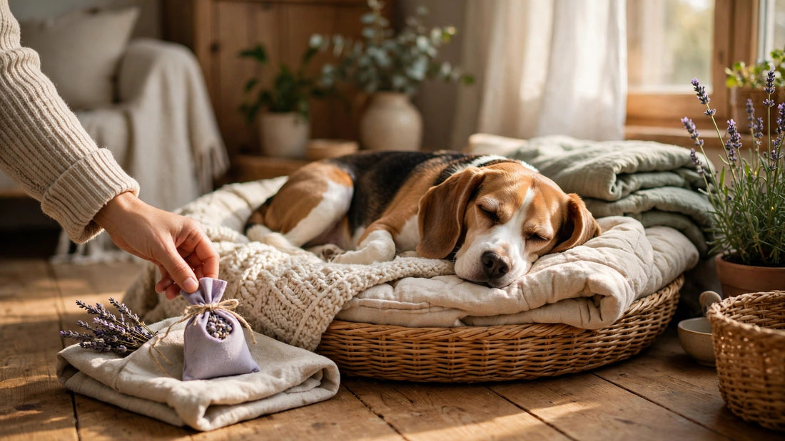 Owner placing a lavender sachet near a dog's cosy resting spot