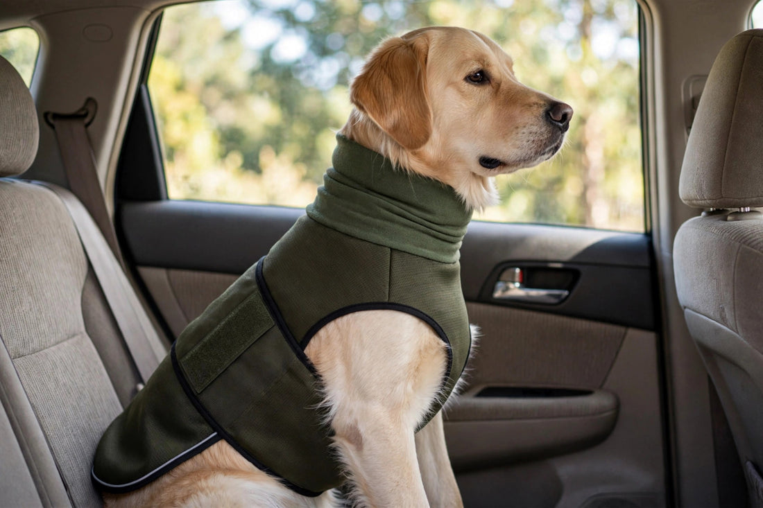 Dog wearing a calming vest sitting calmly in a car back seat