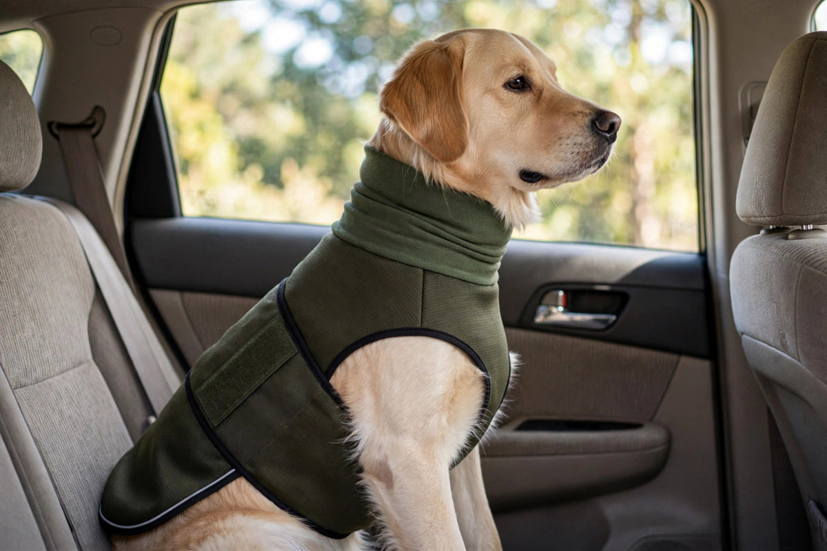 Dog wearing a calming vest sitting calmly in a car back seat