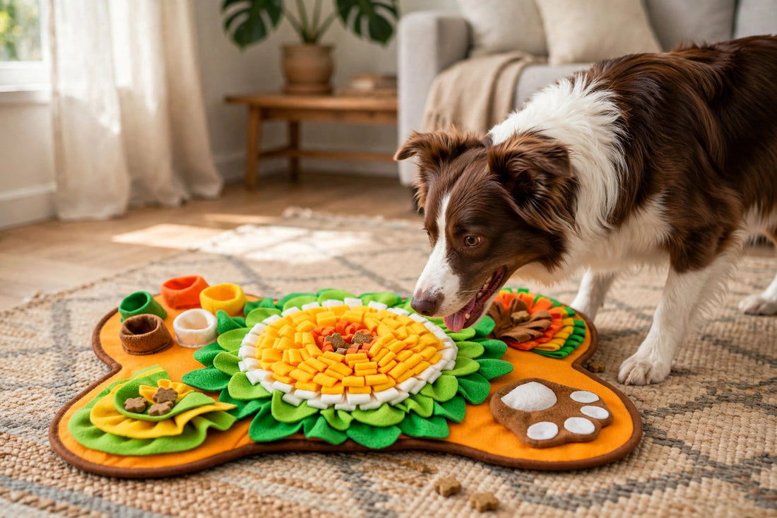 Dog nosing through a snuffle mat with treats hidden inside