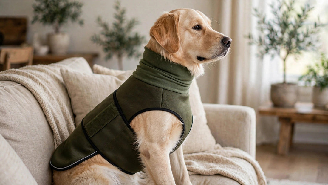 Golden retriever wearing an army-green calming vest — weighted vest vs pressure vest comparison