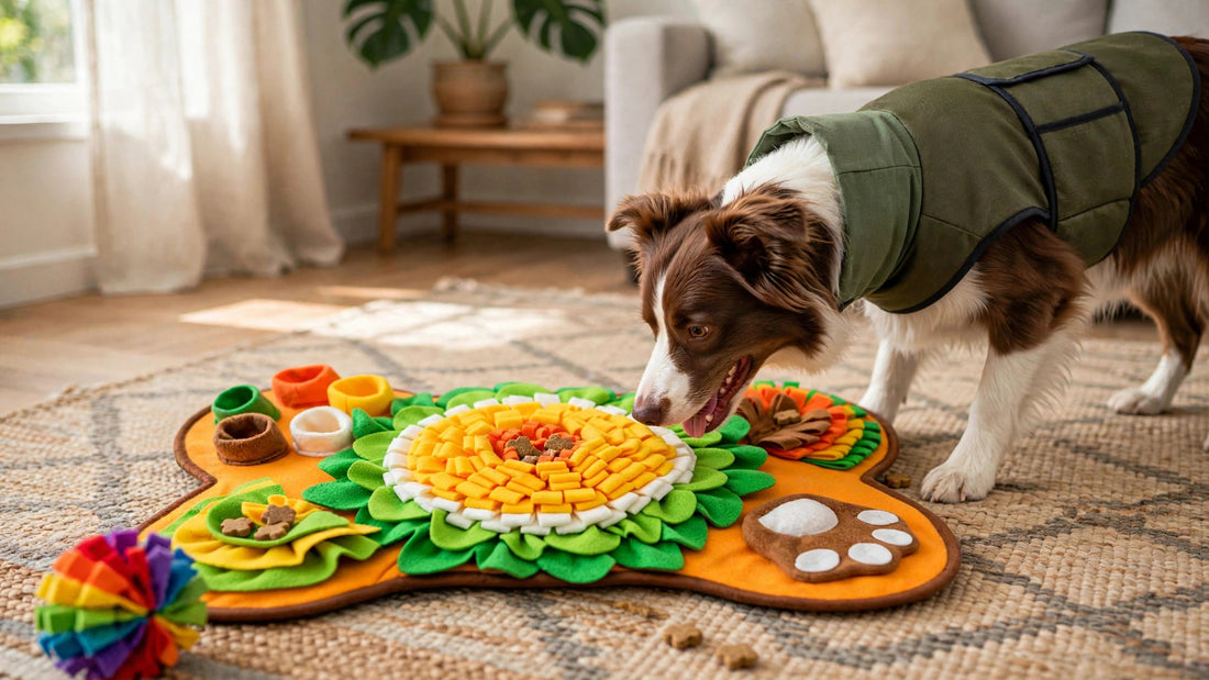 Dog with the Hero Calm Kit — rainbow snuffle ball beside the bone-shaped sunflower snuffle mat