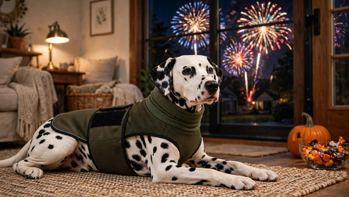 Dalmatian wearing an Army Green HeroCalm Comfort Vest lying calm indoors while fireworks burst outside the window — dog fireworks anxiety statistics