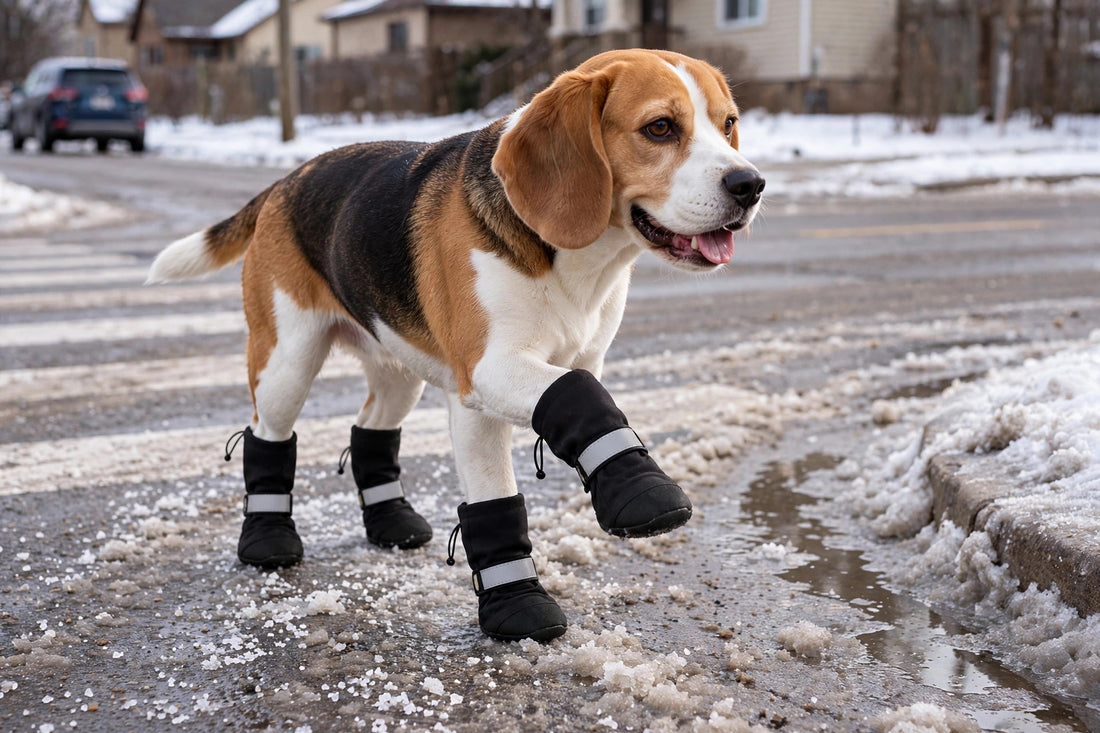 Beagle in black HeroStep boots crossing a salted residential street in winter slush