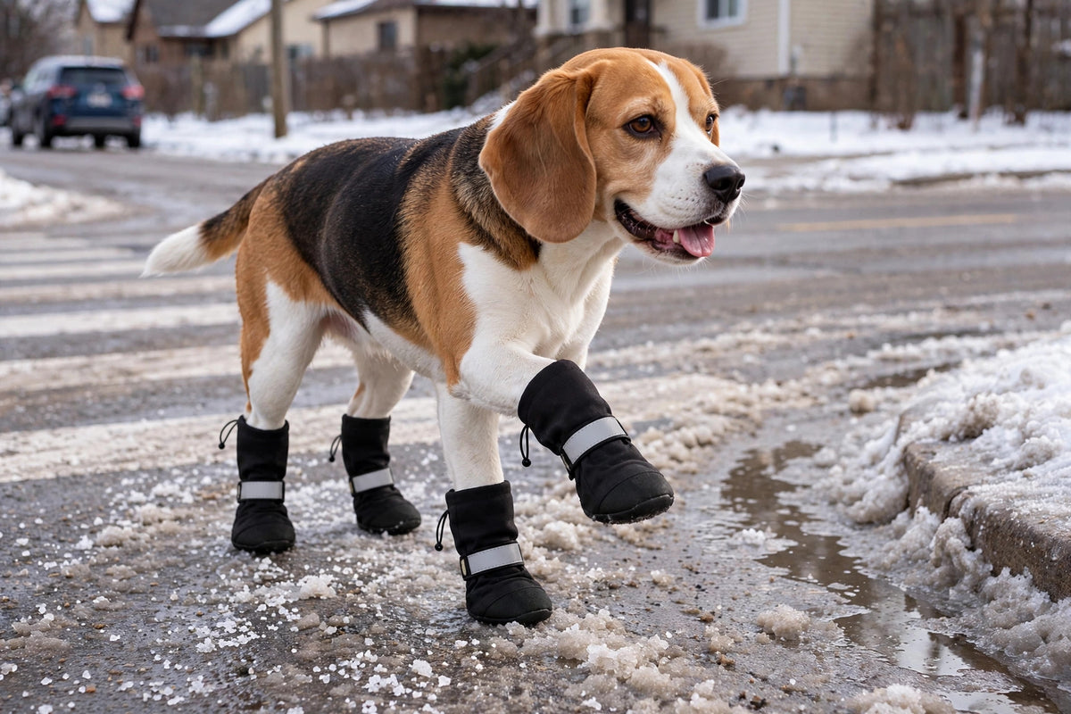 Beagle in black HeroStep boots crossing a salted residential street in winter slush
