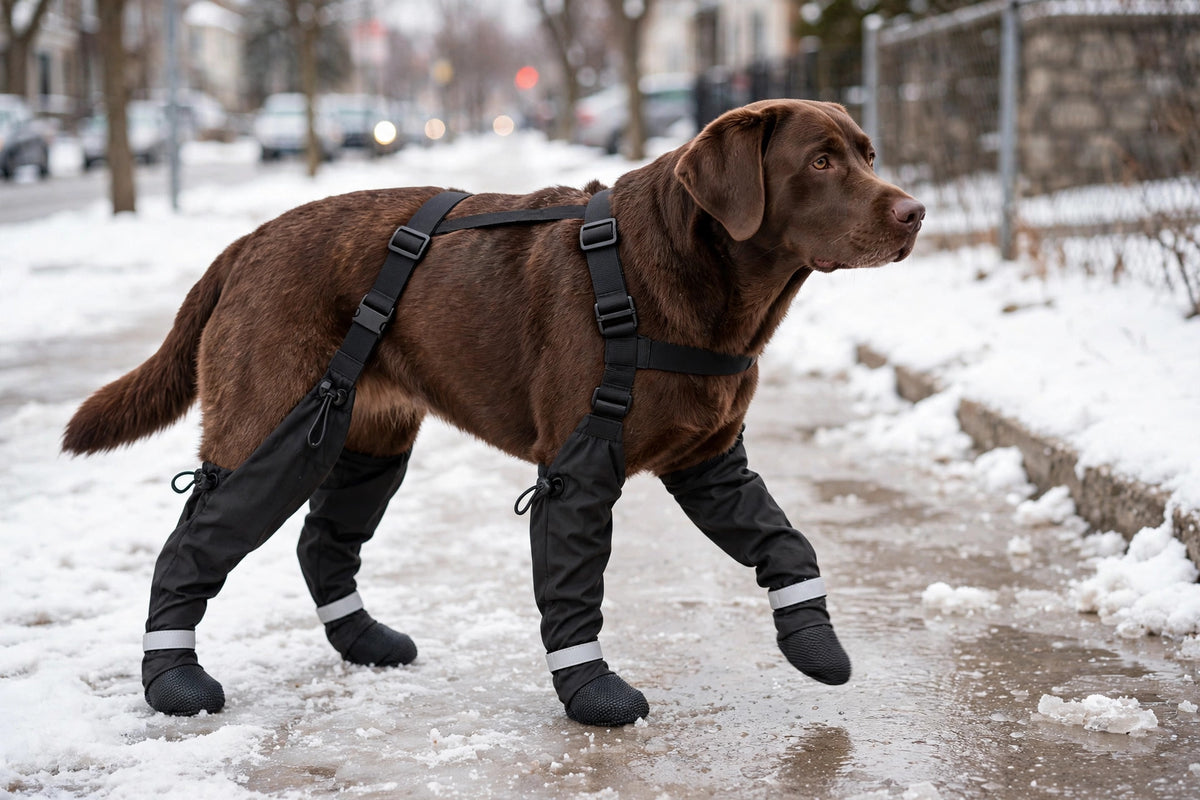 Chocolate Labrador walking confidently in snow wearing black HeroStride suspender boots on all four paws