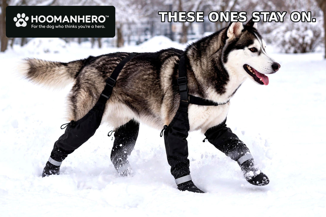 Siberian Husky trotting through a snowy park in black suspender dog boots that stay on