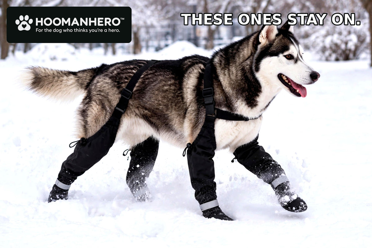 Siberian Husky trotting through a snowy park in black suspender dog boots that stay on