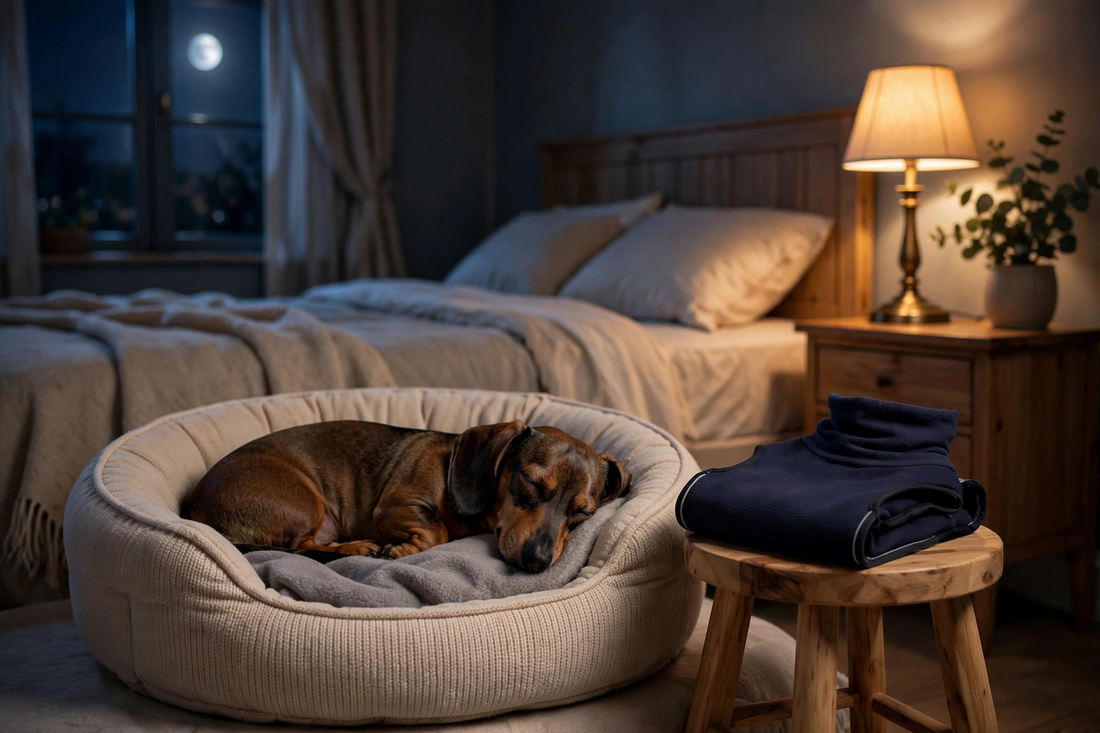 Dog sleeping in a cream bed with a folded navy vest on a nearby stool