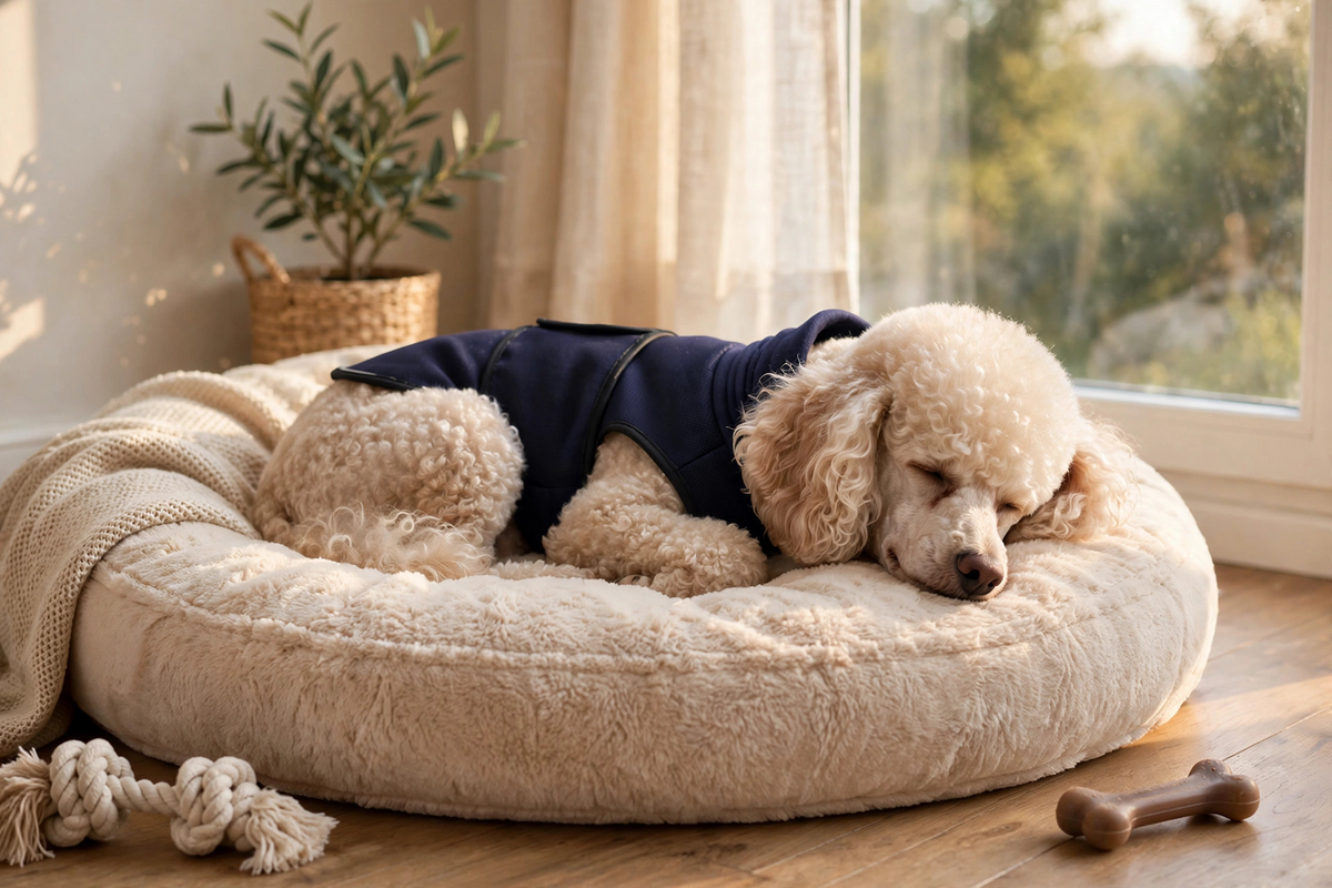 Curly-coated dog resting in a navy vest on a cream dog bed by a window