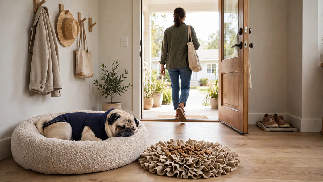 Pug wearing a navy vest beside a snuffle mat as a person walks through the doorway