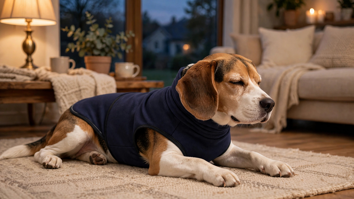Beagle resting in a navy comfort vest beside a sofa and table lamp