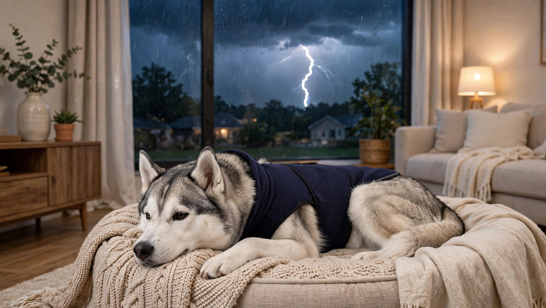 Husky wearing a navy vest on a sofa with lightning visible outside