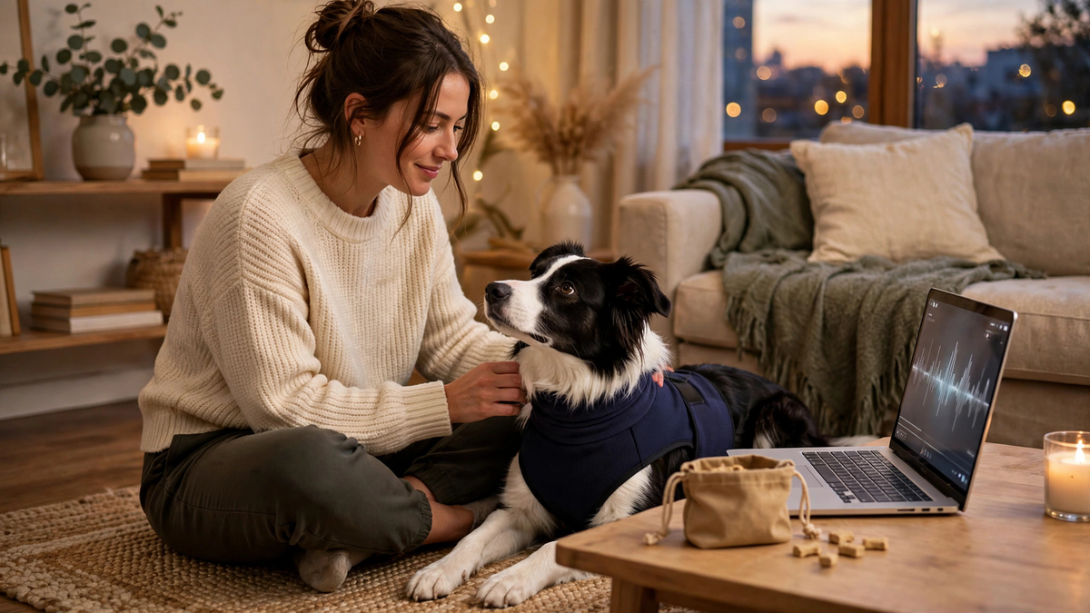 Person sitting beside a dog in a navy vest, with treats and a laptop displaying an audio waveform