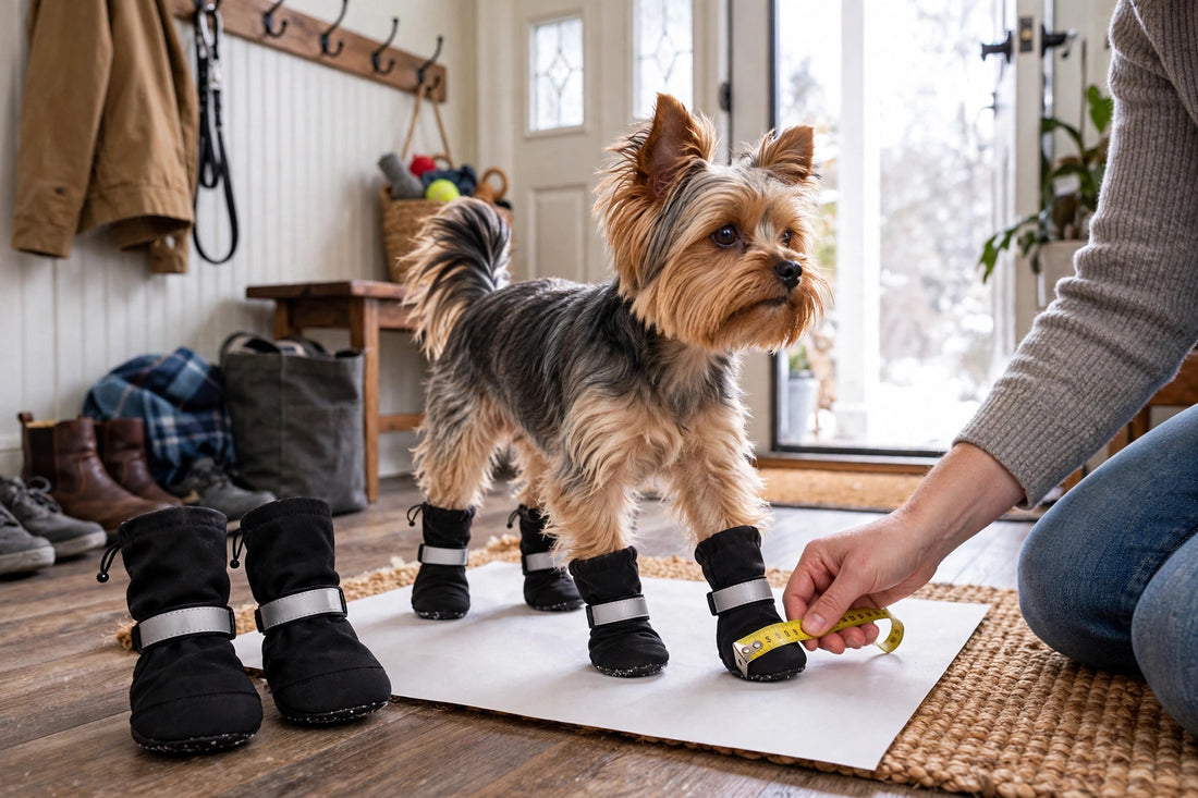 Owner measuring a standing dog's paw with a tape measure on paper, with HeroStep black dog boots beside it