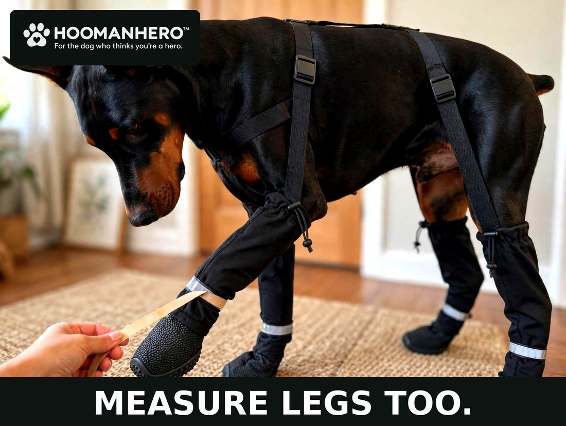 Owner measuring a Doberman's leg length indoors with suspender boots laid out beside it, learning how to measure for dog suspender boots