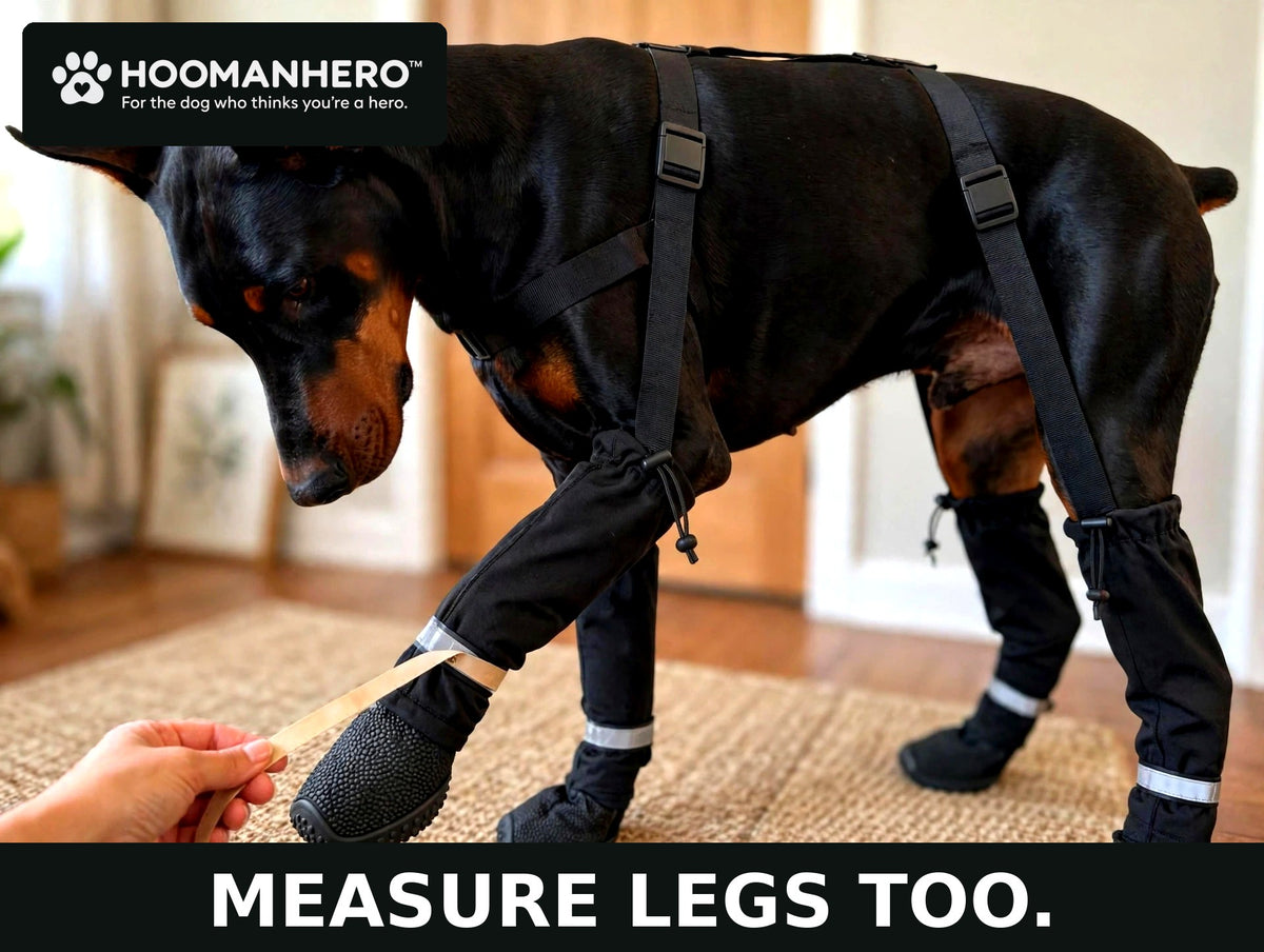 Owner measuring a Doberman's leg length indoors with suspender boots laid out beside it, learning how to measure for dog suspender boots