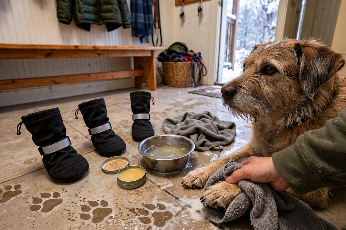 Scruffy mixed-breed dog having its paw towel-dried in a mudroom after a winter walk, with HeroStep boots, paw balm and a rinse bowl beside it