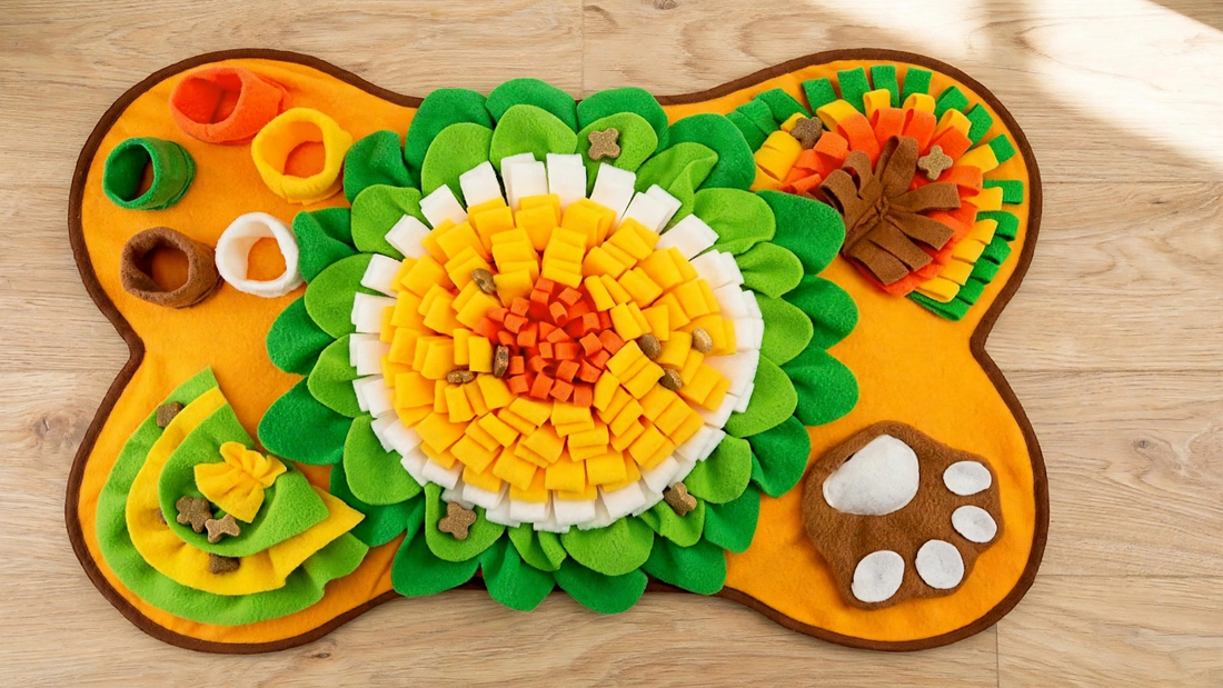 Dog foraging for treats in a bone-shaped sunflower snuffle mat