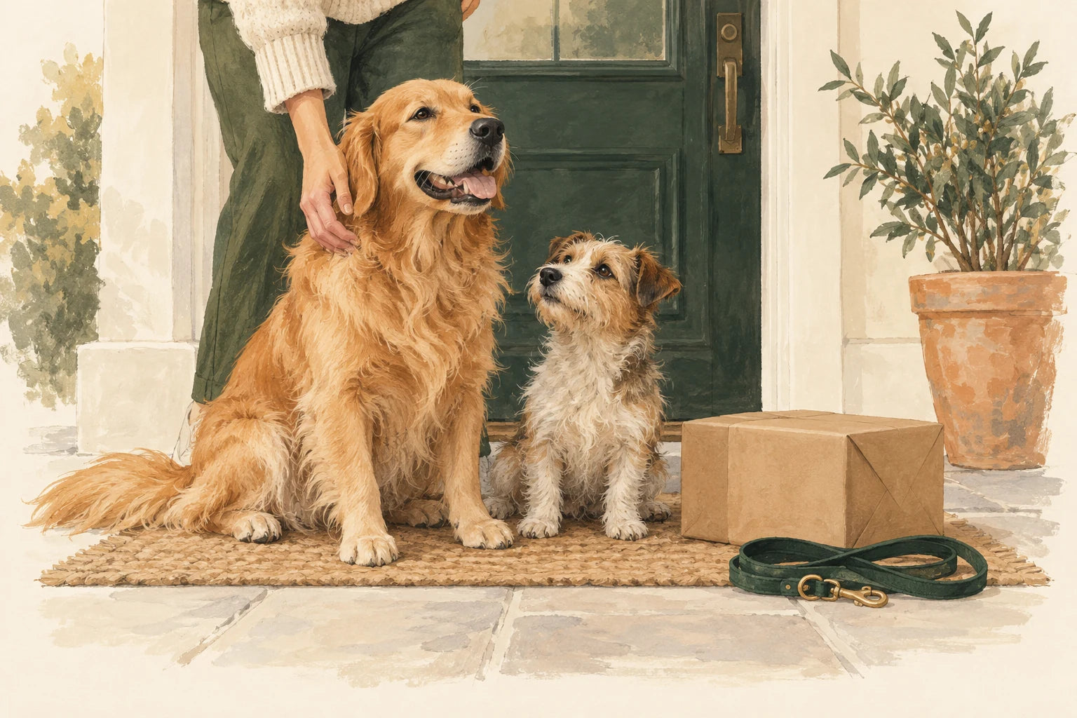 Illustration of two dogs with their person, a parcel and a leash at home.